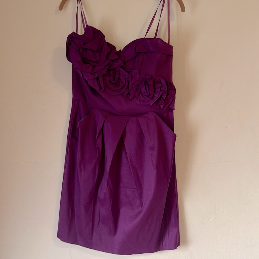 Rose Wine Colored Dress. Strapless. Flower ascent across chest with pockets